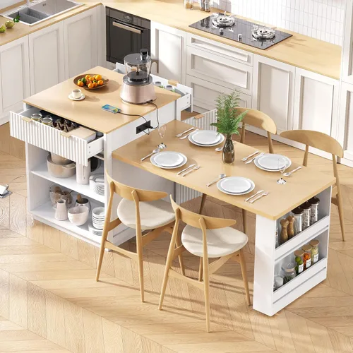 Vista 9 de Merax Isla de cocina acanalada de 82.6 pulgadas con mesa de comedor extensible para 4-6, mesa de isla para cocina con toma de corriente, mesa