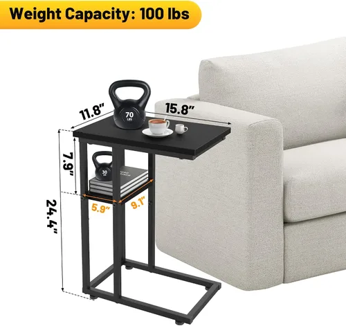 Vista 2 de Mesa auxiliar en forma de C, mesa auxiliar resistente de 2 niveles en forma de C para sofá, mesita de noche, espacio pequeño, mesa auxiliar