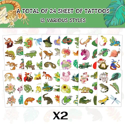 Vista 2 de 144 calcomanías de reptiles para fiestas de reptiles, tatuajes temporales de cocodrilo, lagarto, lagarto, gecko, serpiente, tortuga, tatuajes