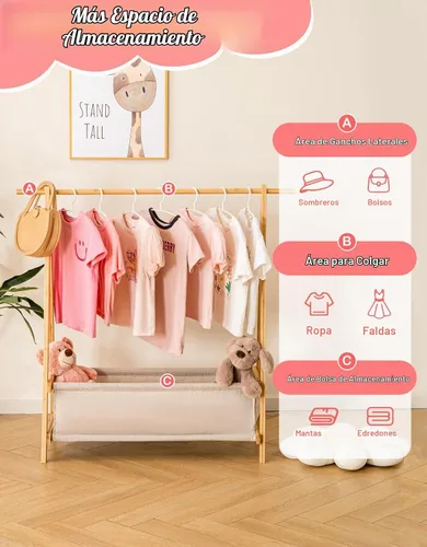 Vista 4 de Perchero de ropa para niños con caja de almacenamiento, Perchero de disfraces para niños, Perchero de disfraces de danza para colgar ropa, Perchero
