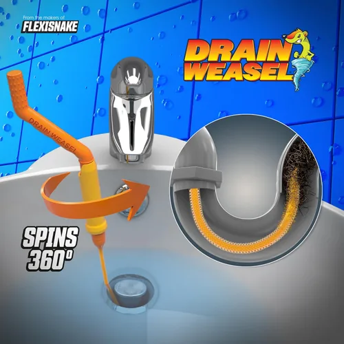 Vista 2 de FlexiSnake Drain Weasel MAX - Herramienta removedor de obstrucciones de pelo con mango giratorio y 2 recambios de varita, fabricado en los Estados
