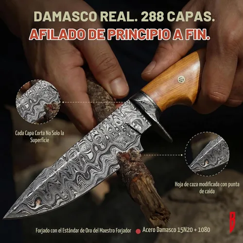 Vista 6 de BIGCAT ROAR Predator Hunter - Cuchillo de hoja fija de acero de Damasco hecho a mano de 10" - Mango de madera de olivo y funda de piel para cinturón