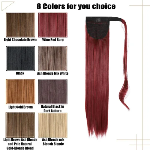 Vista 6 de Gangel Extensión de pelo de cola de caballo roja, colas de caballo rectas, extensiones de cabello sintético con clip, extensiones de cabello largo