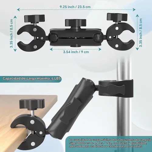 Vista 7 de Soporte de abrazadera súper doble para paraguas, soporte de abrazadera para cámara, brazo mágico de 360° para clip de silla de paraguas, silla