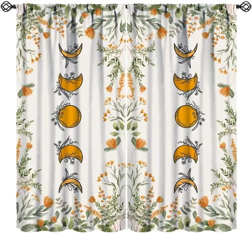 Vista 9 de Cortinas retro de luna, bosque mágico con hojas iluminadas por la luna, cortinas de plantas, diseño gótico floral de cielo estrellado para ventana