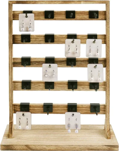 Vista 5 de Ikee Design Estante de exhibición de madera para joyas con 20 ganchos, soporte de exhibición con ganchos, torre de joyería para tarjetas