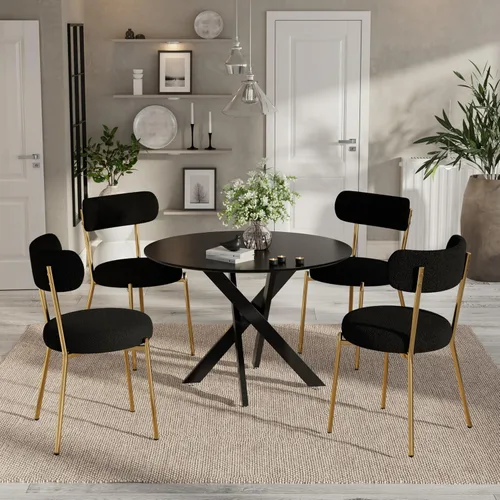 Vista 28 de Moderno juego de mesa de comedor redonda de 3 piezas, mesa de MDF circular negra y 2 sillas de comedor negras Boucle, muebles de cocina con marco