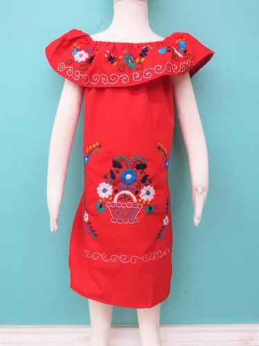 Vista 3 de Leos Imports Vestido tradicional mexicano Jocie bordado a mano, sin mangas, con volantes, vestido de fiesta para niñas, fabricado en México