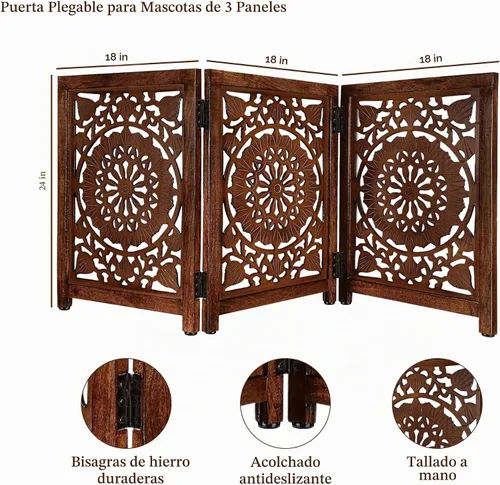 Vista 5 de Lightnpro - Puerta de madera tallada para perros, puerta plegable independiente para mascotas, barrera de seguridad extra ancha para perros