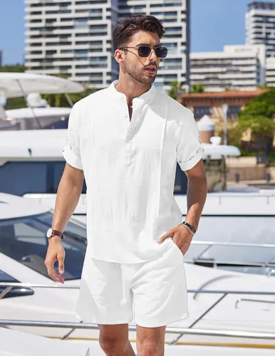 Vista 2 de COOFANDY Conjunto de lino de 2 piezas para hombre, camisa Henley, manga corta y pantalones cortos, trajes a juego para yoga y playa