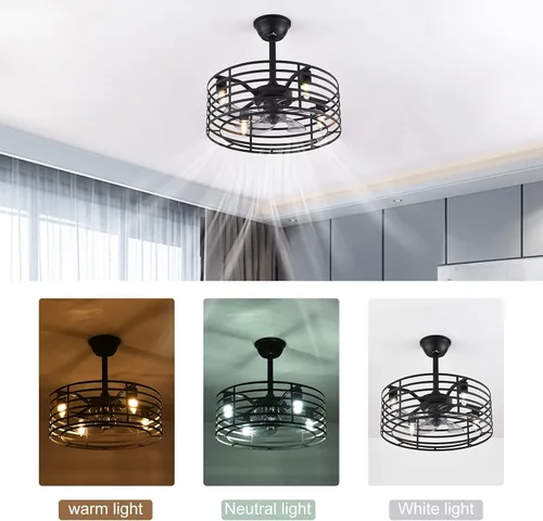 Vista 3 de Ventilador de techo enjaulado de 20 pulgadas con luz, 3 velocidades ajustables, luces de ventilador de techo con control remoto, ventiladores