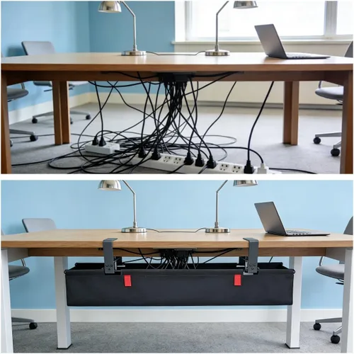 Vista 5 de Organizador de cables para debajo del escritorio, sin taladro, organizador de cables de 28 pulgadas de largo x 6 pulgadas de ancho, almohadillas