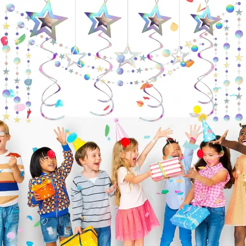 Vista 6 de 37 piezas de decoraciones holográficas iridiscentes para fiestas, remolinos con purpurina, guirnalda de galaxia, suministros de fiesta de estrella