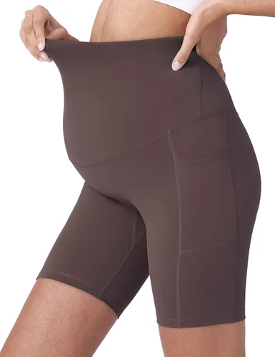 Vista 2 de POSHDIVAH - Pantalones cortos de yoga para embarazadas, cubren la barriga, pantalones deportivos cortos para correr, hacer ejercicio y el verano