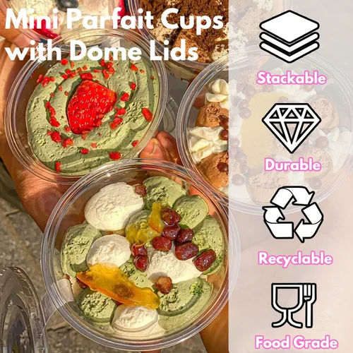 Vista 4 de Tiaiidi Vasos de plástico transparentes con tapas, 6 onzas - Juego de 50 Mini vasos de postre con tapas de cúpula (sin agujero), vasos desechables