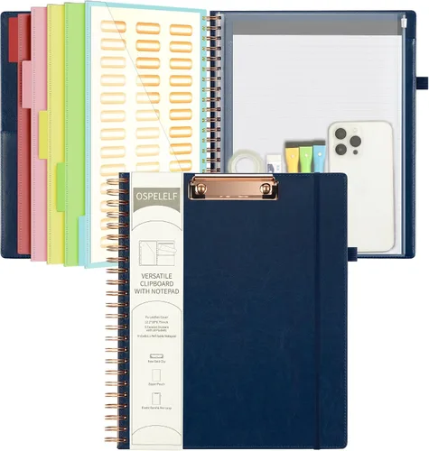 Vista 15 de Portapapeles de cuero Ospelelf con portafolio y bolsa con cremallera de almacenamiento, portapapeles espiral con bloc de notas para tamaño carta, 5