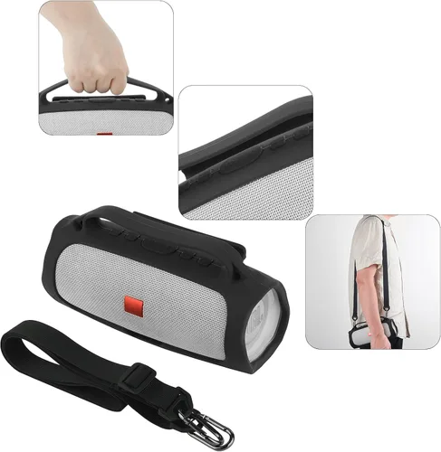 Vista 4 de Funda de silicona para altavoz portátil JBL Charge 4 impermeable, funda de transporte de viaje, funda protectora con asa, correa de hombro ajustable