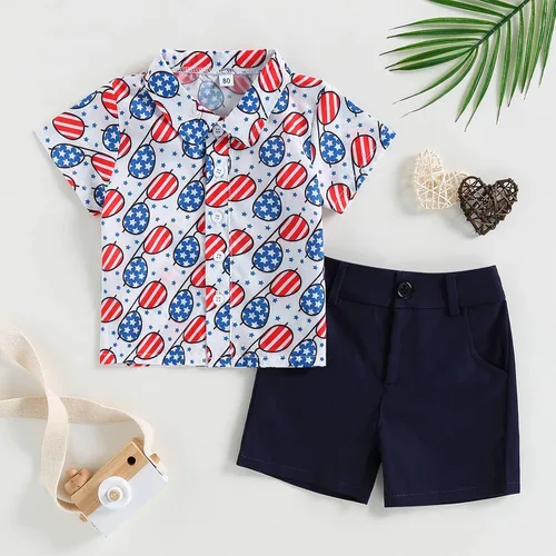 Vista 2 de AEEMCEM Conjunto de pantalones cortos estilo vaquero con estampado de vaca de manga corta y botones para bebé, conjunto de pantalones cortos