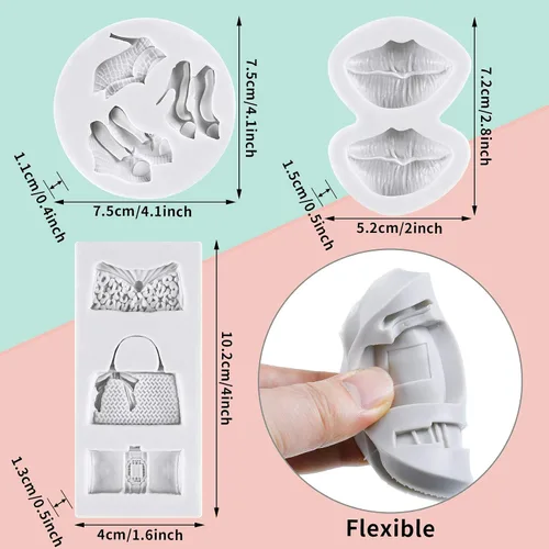 Vista 4 de 7 moldes de silicona para San Valentín, moldes de silicona con temática de maquillaje para pastel, chocolate, beso, lápiz labial, perfume, tacones