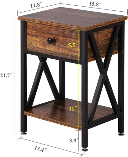 Vista 3 de VECELO - Mesas de noche para dormitorio, mesas de noche con cajón de almacenamiento, color marrón rústico