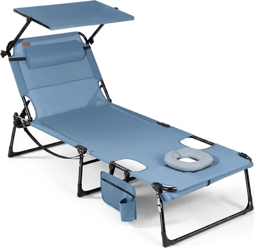 Vista 8 de Silla de bronceado con orificio facial y toldo, tumbona de playa plegable y gris (Light Grey 1)