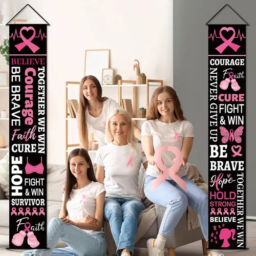 Vista 4 de Decoraciones de fiesta de cinta rosa para concientización sobre el cáncer de mama, cartel de porche, esperanza, fuerza, coraje, fe, pancarta
