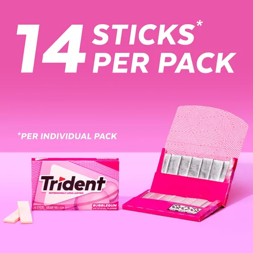 Vista 3 de 12 paquetes de 14 unidades cada uno; es decir, en total son 168 unidades de goma de mascar Trident Bubblegum sin azúcar sabor chicle. Accesorios