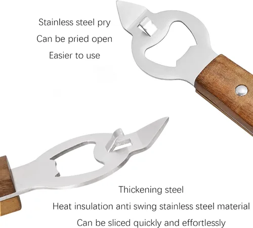 Vista 4 de Abrelatas de acero inoxidable para cocina, mango de madera de acacia manual con agujero para colgar, perforador de botella duradero, abrebotellas