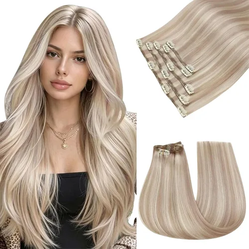 Vista 13 de Easyouth Extensiones de cabello rubio con clip, extensiones de cabello humano con clip, color rubio blanco, 7 unidades de 3.33 oz, extensiones