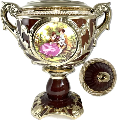 Vista 2 de Sopera de santo Yoruba Oya marron con acentos dorados./ Sopera Oya marrón con detalles dorados