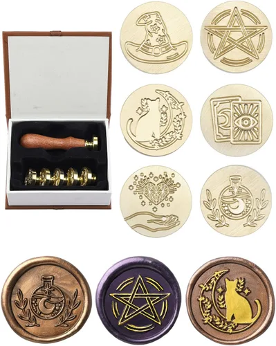 Vista 8 de Yoption Juego de sellos de cera de 6 piezas, sé nuestro invitado, estrella, corazón, kit de sellos de sellado de plantas con mango de madera