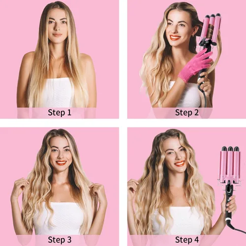 Vista 13 de Rizador de 3 barriles Aleath: Regalos de cumpleaños para mujeres, rizador de pelo de doble voltaje con temperatura ajustable, tres barriles