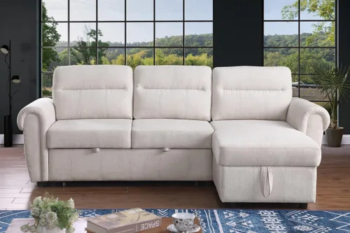 Vista 5 de Lilola Home Hugo Sofá modular reversible de felpilla beige de 97 pulgadas con diván de almacenamiento, cama extraíble, puertos de carga USB