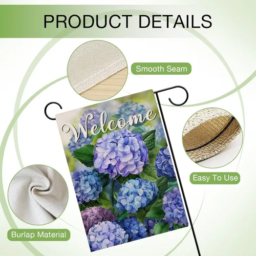Vista 3 de Hzppyz Bandera de jardín de flores florales de primavera de bienvenida de doble cara, hortensias decorativas para patio al aire libre, decoración