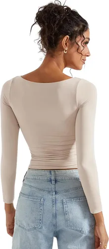 Vista 4 de SUUKSESS Camiseta de mujer con cuello redondo, manga larga, doblemente forrada, ajustada y corta