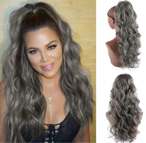 Vista 11 de CINHOO Extensiones de cabello con cola de caballo gris para mujeres negras, cola de caballo sintética con cordón, cola de caballo sintética corta
