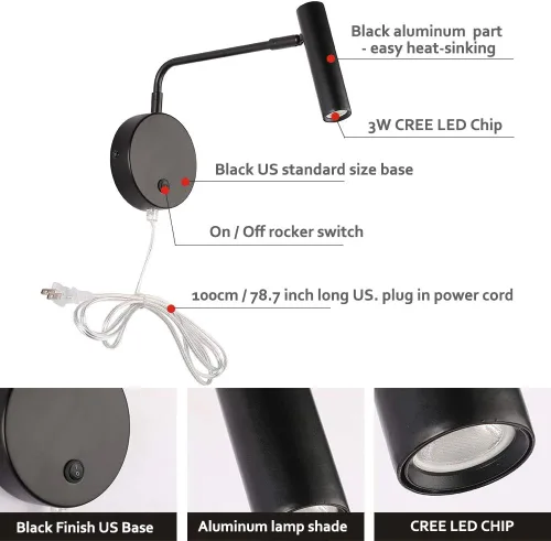 Vista 8 de Joossnwell Luces de pared con cable de enchufe, lámparas de pared industriales para dormitorio con interruptor de encendido y apagado, blanco