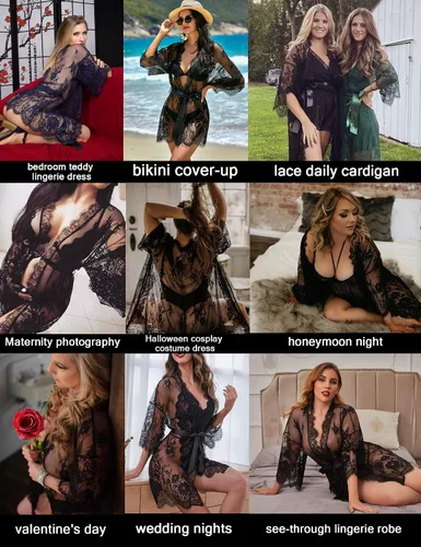 Vista 6 de Avidlove Kimono de encaje para mujer, tipo babydoll, camisón de malla, lencería, bata, tallas S-5XL