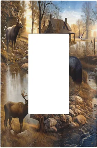 Vista 93 de Bear Moose Lodge Woodland - Placa de interruptor de luz dúplex individual de 1 banda, cubierta de salida decorativa de pared, placa frontal