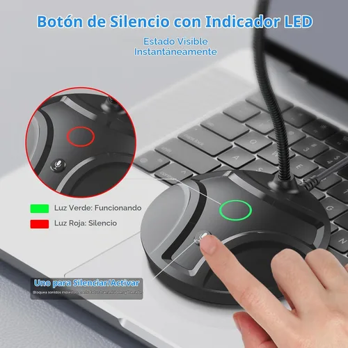 Vista 2 de Micrófono USB para computadora Plug & Play, cuello de cisne flexible y botón de silencio LED, micrófono de escritorio para juegos, YouTube