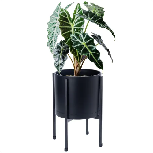 Vista 7 de D'vine Dev Maceta negra de 8 pulgadas con soporte, moderna maceta cilíndrica de plástico con soporte de metal resistente para plantas
