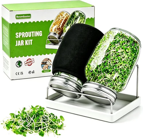 Vista 7 de Kit Premium de Frascos para Germinación 2 Piezas Frascos Mason Grandes de Boca Ancha Con Tapa de Malla para Brotes, Soporte para Frasco