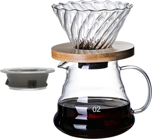 Vista 10 de Gotero de café de vidrio/filtro, cono de café de vidrio con soporte de bambú, accesorios de embudo para cafetera de goteo para el hogar u oficina
