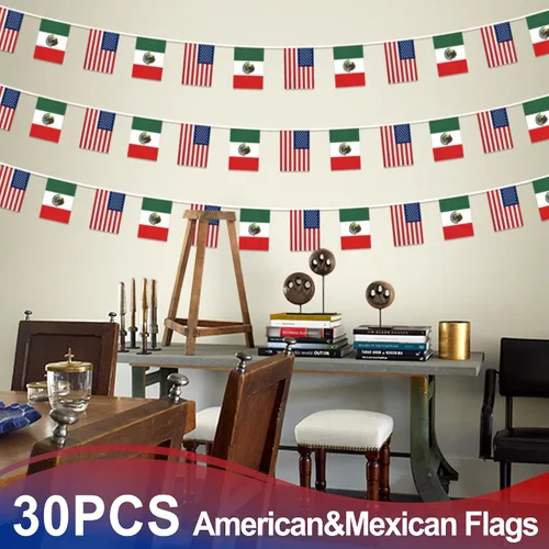 Vista 6 de Banderín de bandera de amistad estadounidense y mexicana, mini banderas de Estados Unidos México, decoración nacional de país para escuela, fiesta