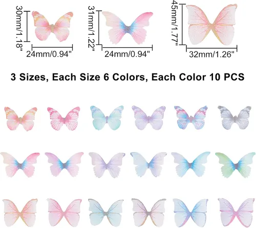 Vista 2 de SUNNYCLUE 1 caja 180 pares de decoraciones de mariposa de tela 3D adorno de mariposa pequeñas alas de mariposa de organza para bricolaje, joyas