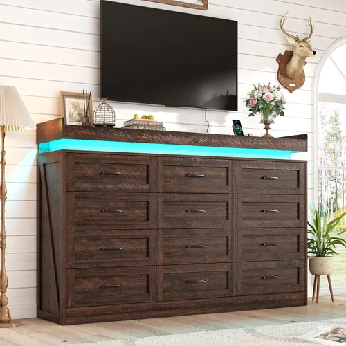 Vista 7 de Cómoda grande de 180 cm de ancho por 117 cm de alto con 12 cajones estilo granja para dormitorio con luz LED y tomas de corriente, cómoda de madera