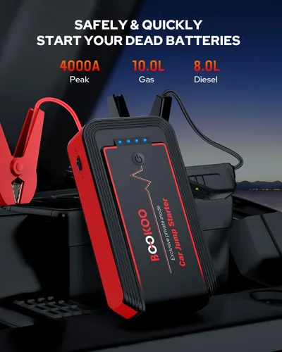 Vista 2 de Arrancador de 4000A, arrancador portátil de batería de coche BOOKOO, paquete de batería de arranque de 12V hasta 10.0L de gasolina o 3.0L de motor