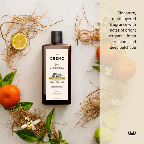 Vista 2 de Cremo Champú y acondicionador 2 en 1 de bergamota italiana para hombres, notas de bergamota italiana, flor de neroli y vetiver fresco, 16 onzas