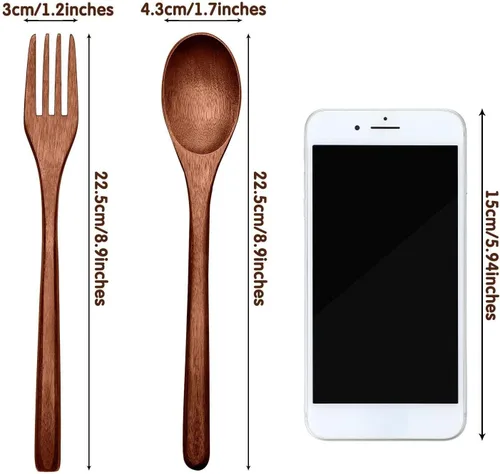 Vista 2 de Patelai Juego de 6 cucharas de madera, tenedores, utensilios de madera para comer de madera, juego de cubiertos reutilizables, cubiertos naturales