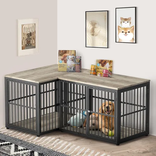 Vista 16 de Lyromix Mueble apilable para perros de 43 pulgadas, para razas grandes con habitaciones dobles, jaula de madera para perros, perrera resistente